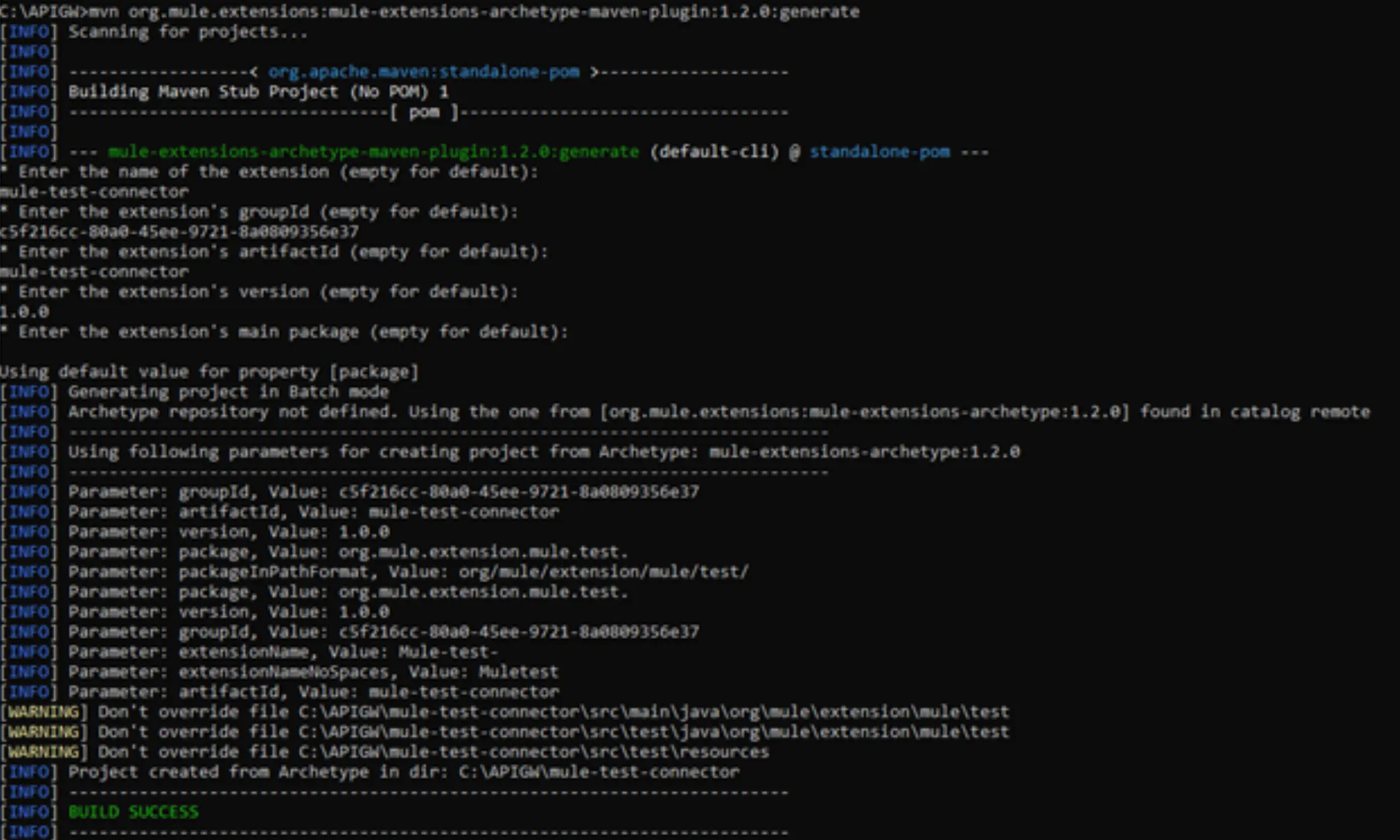 Maven archetype command output prompting for connector name, groupId, and version, ending in BUILD SUCCESS