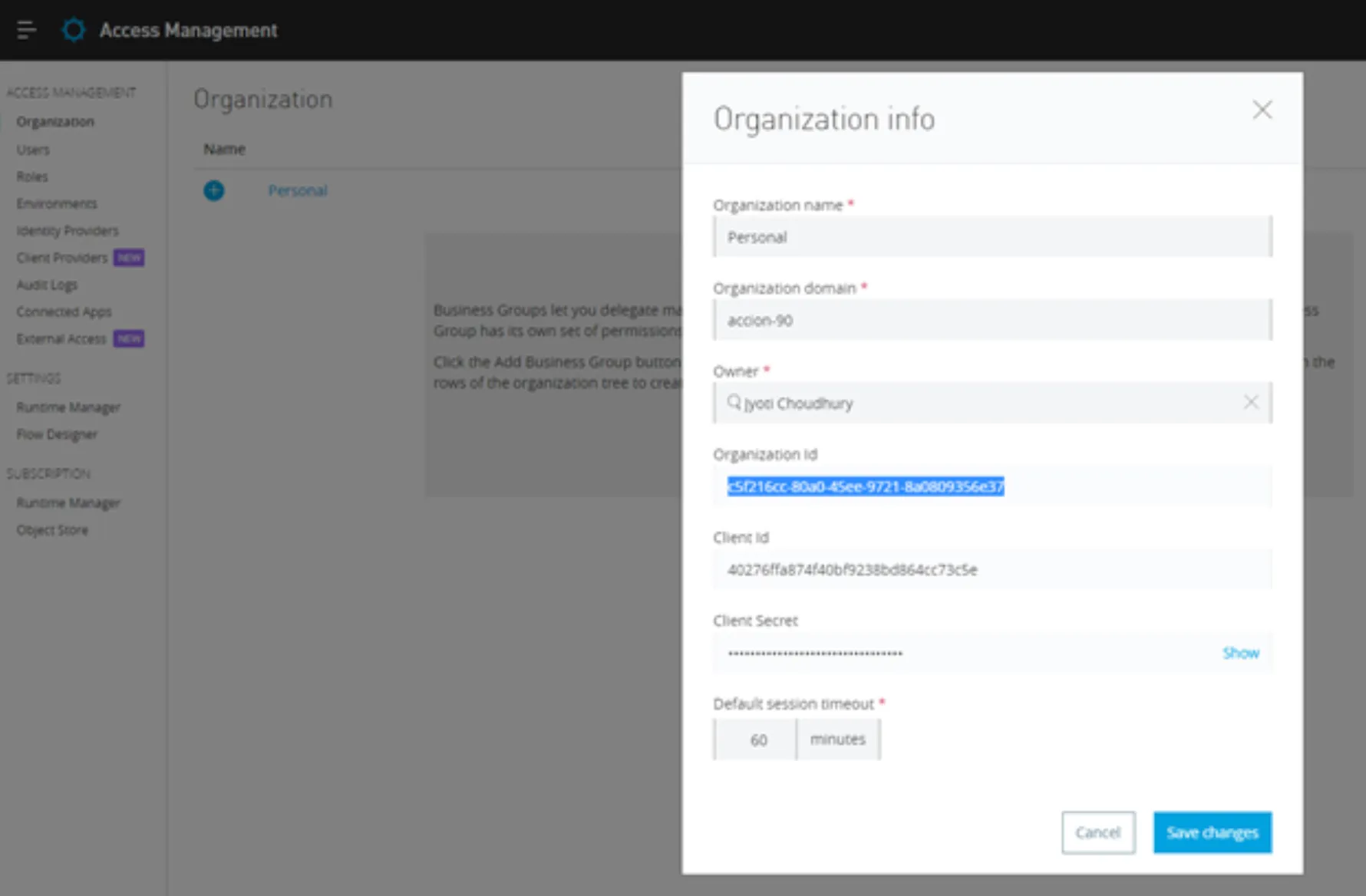 Anypoint Access Management Organization info dialog with the Organization Id highlighted
