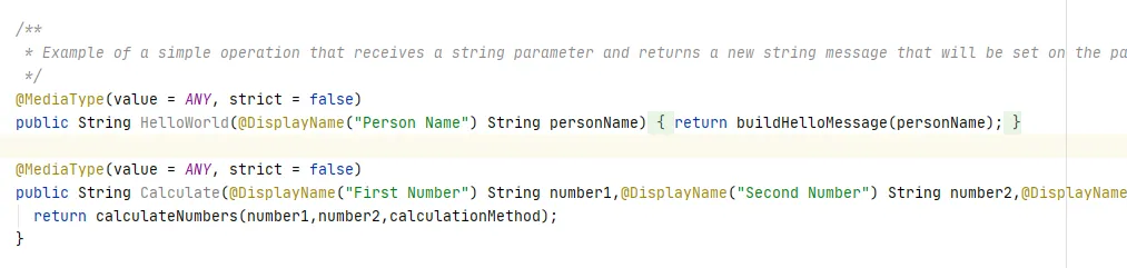 Java code for the connector's HelloWorld and Calculate operations annotated with @MediaType and @DisplayName