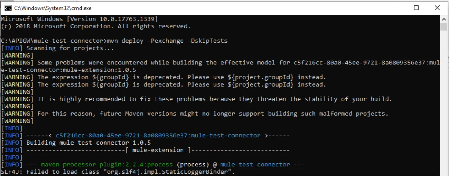 Command prompt running mvn deploy -Pexchange to publish the connector