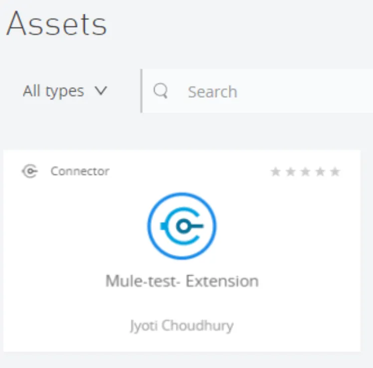 Anypoint Exchange Assets view showing the published Mule-test-Extension connector by Jyoti Choudhury