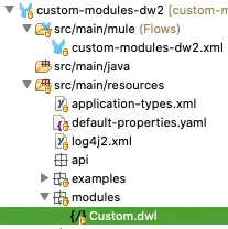 Project tree showing a new Custom.dwl file inside a modules folder under src/main/resources