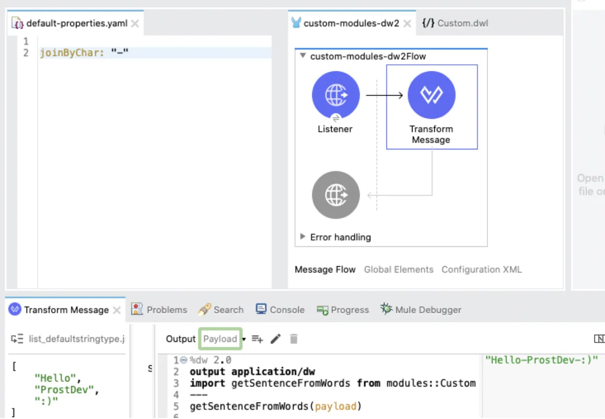 Changing joinByChar to a dash makes the output become "Hello-ProstDev-:)" with no code edits