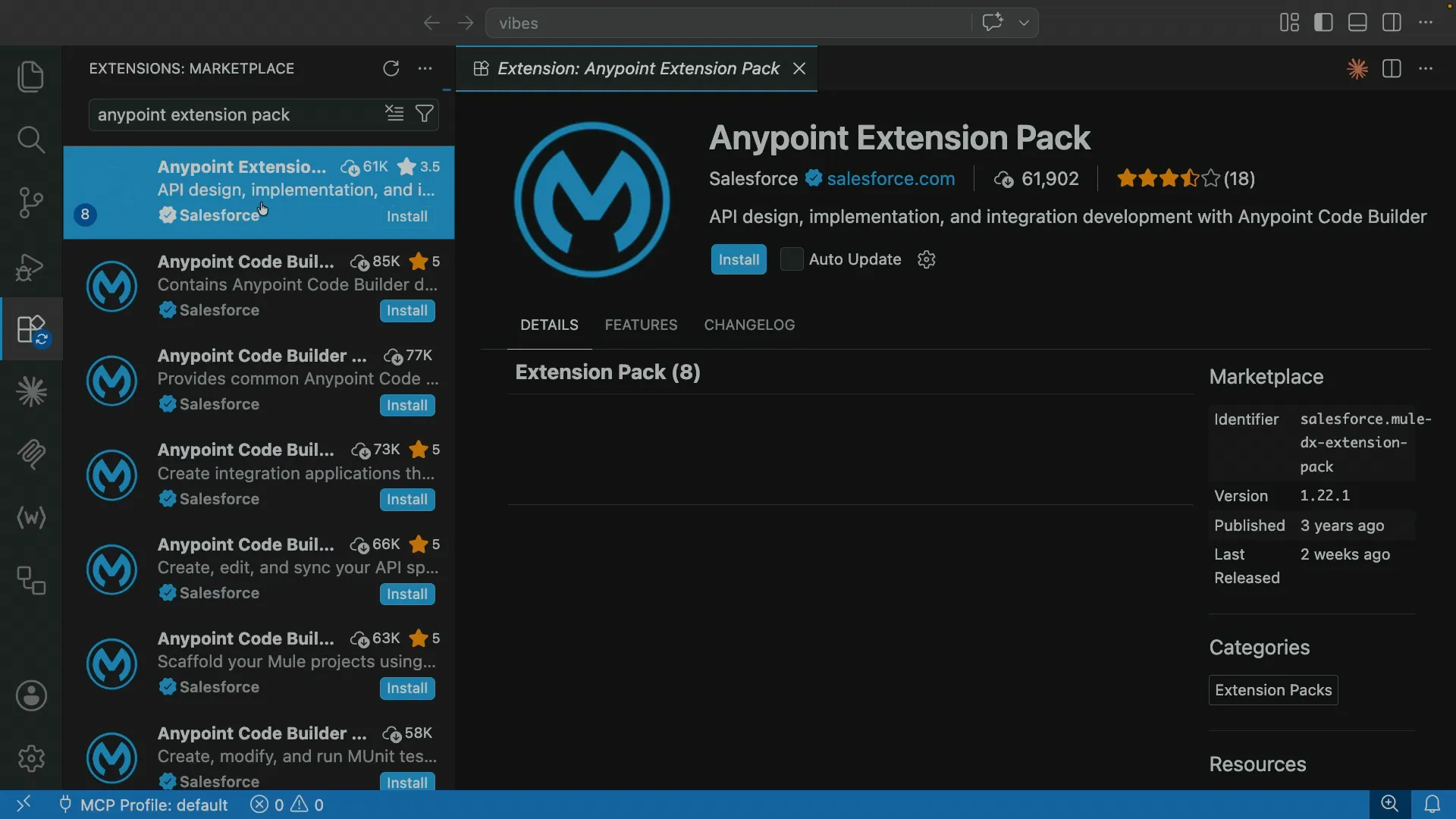 The Anypoint Extension Pack listing in the VS Code Extensions marketplace, published by Salesforce, mid-install.