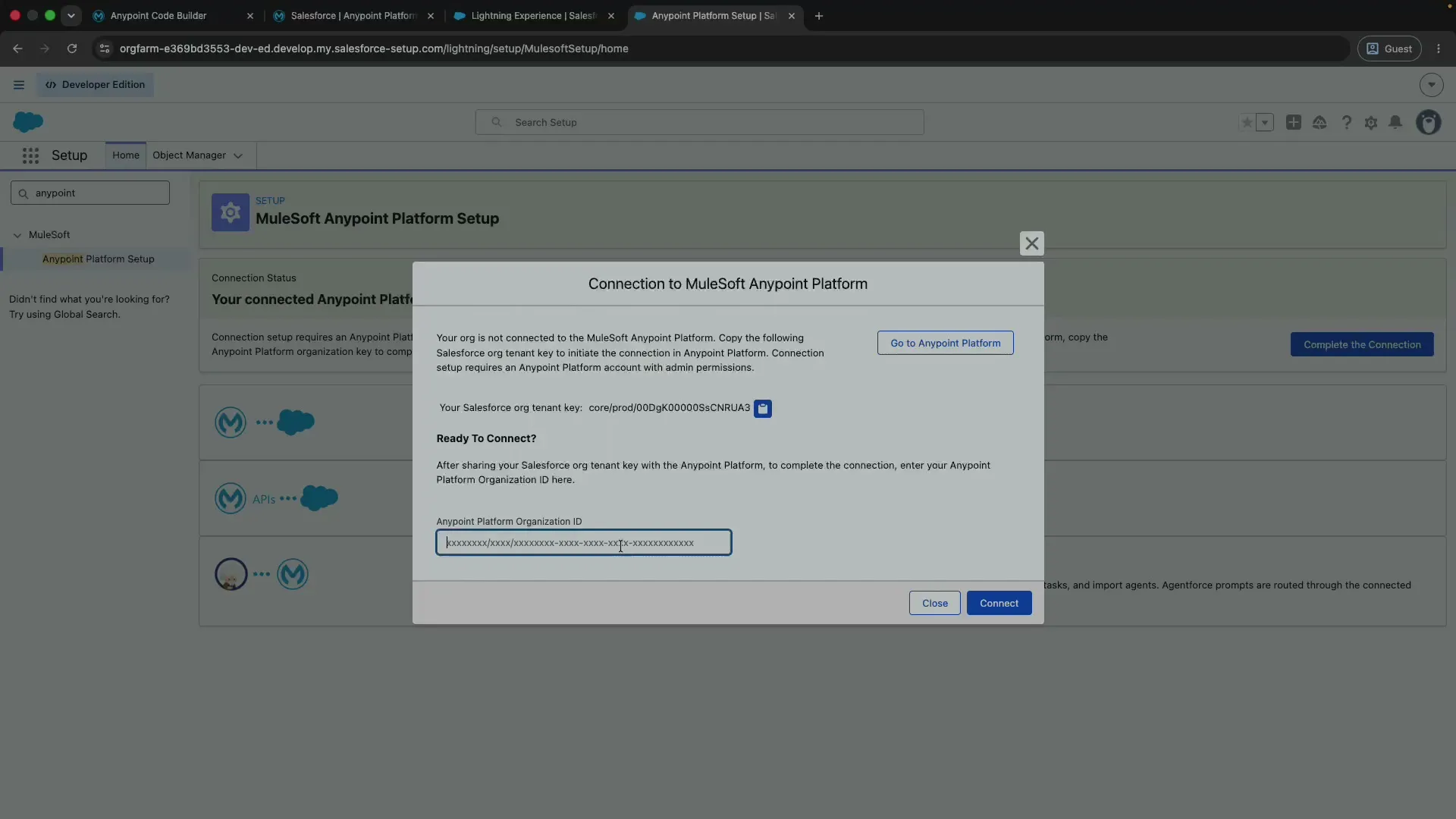 Pasting the Anypoint Platform Organization ID into the Salesforce connection dialog before clicking Connect.
