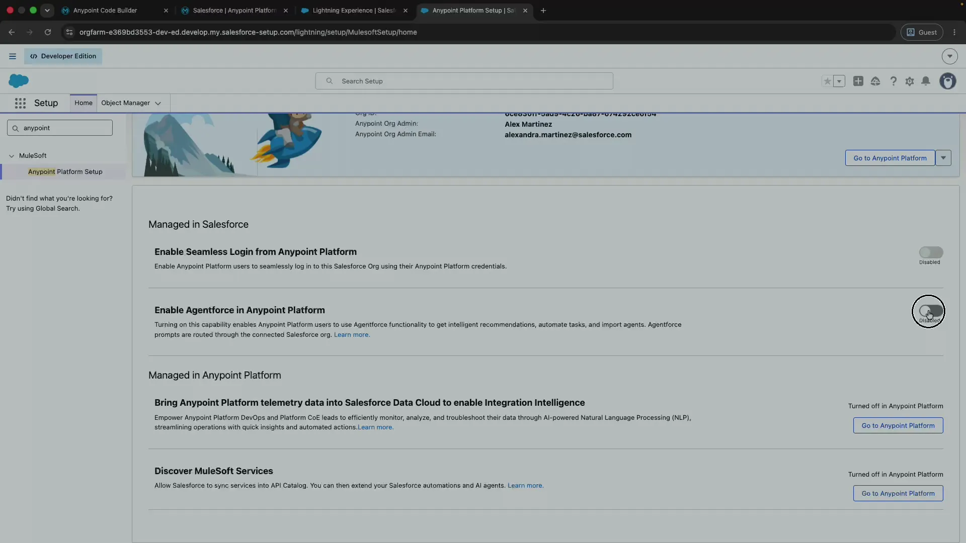 The Enable Agentforce in Anypoint Platform toggle under Managed in Salesforce in Salesforce Setup.