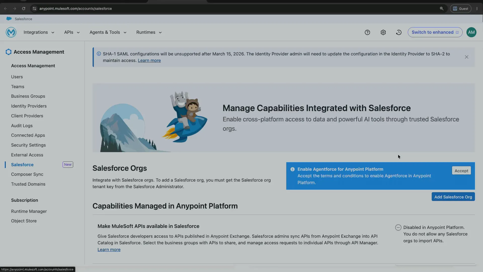 The Access Management Salesforce section with the Enable Agentforce for Anypoint Platform panel and its Accept button.