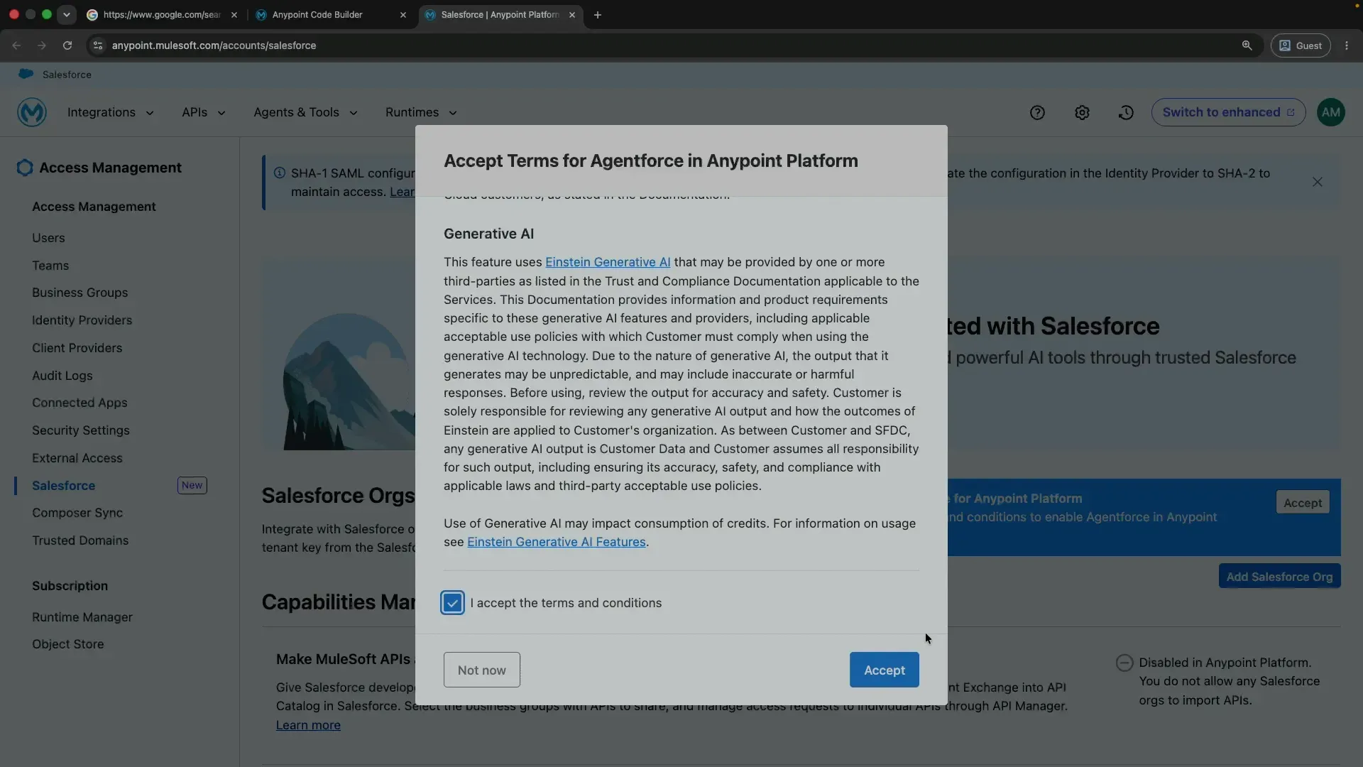 The Accept Terms for Agentforce in Anypoint Platform dialog with the I accept the terms and conditions checkbox and an Accept button.