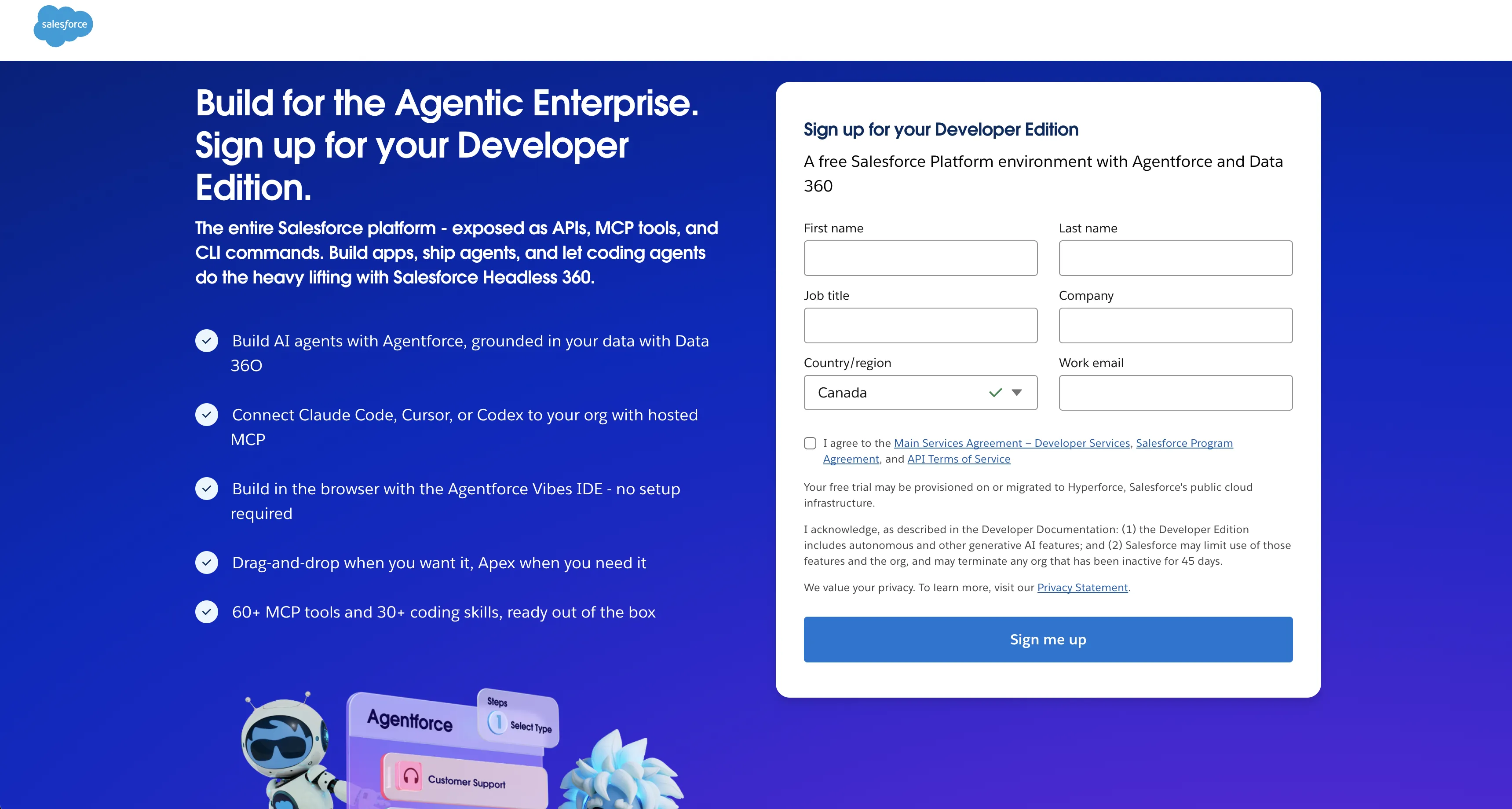 The Sign up for your Developer Edition form on Salesforce with name and email fields and a Sign me up button.