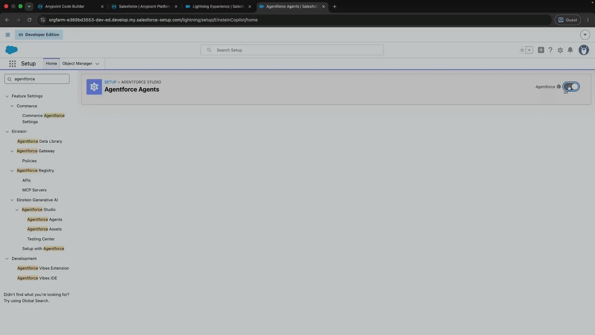 Salesforce Setup with agentforce in Quick Find and the Agentforce Agents page open.
