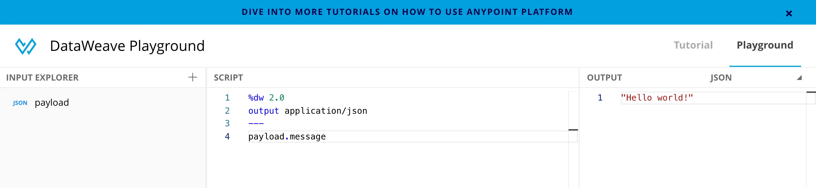 DataWeave Playground interface with input explorer, script editor, and JSON output panels