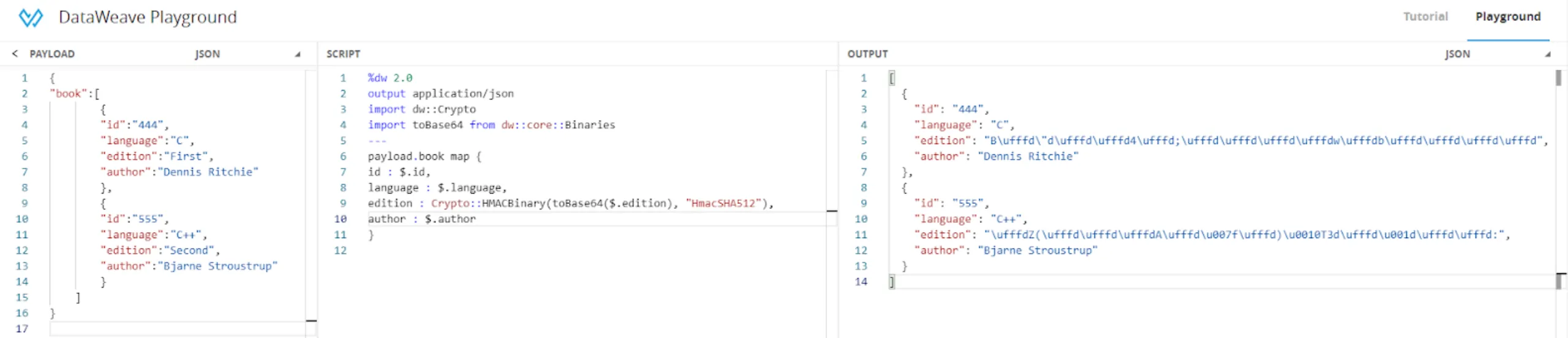 Playground output showing each book's edition field encrypted while id, language, and author stay readable