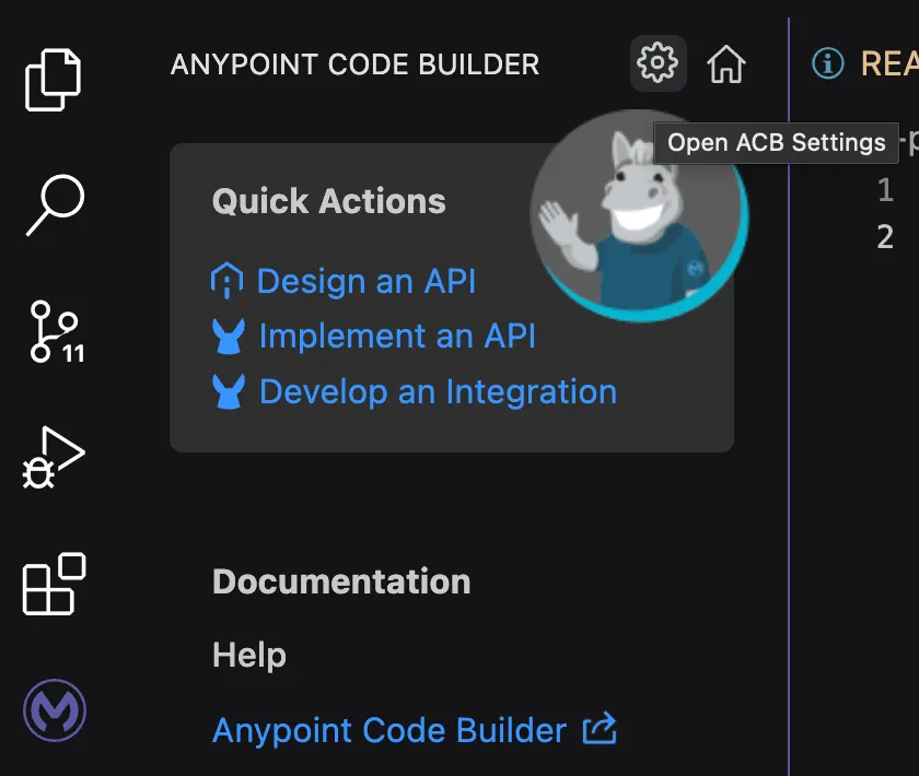 Anypoint Code Builder home screen with the gear icon tooltip reading "Open ACB Settings".