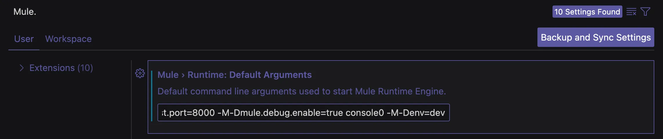 VS Code settings showing Mule Runtime Default Arguments with -M-Denv=dev appended to the value.