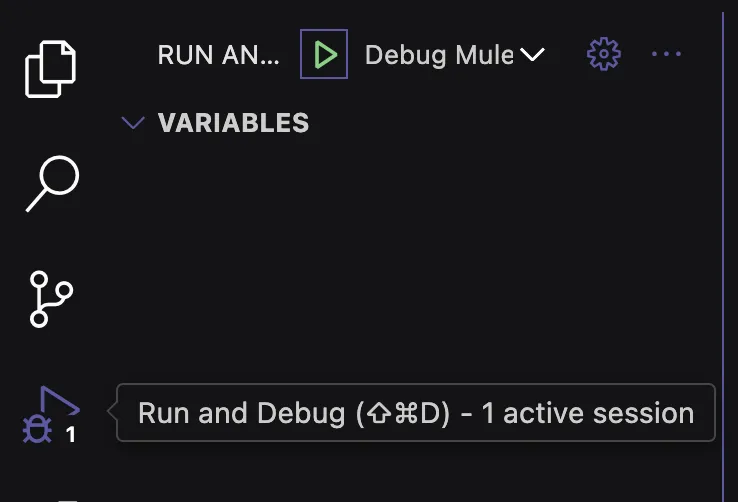 VS Code Run and Debug tab with the green "Debug Mule" run button to start the app.