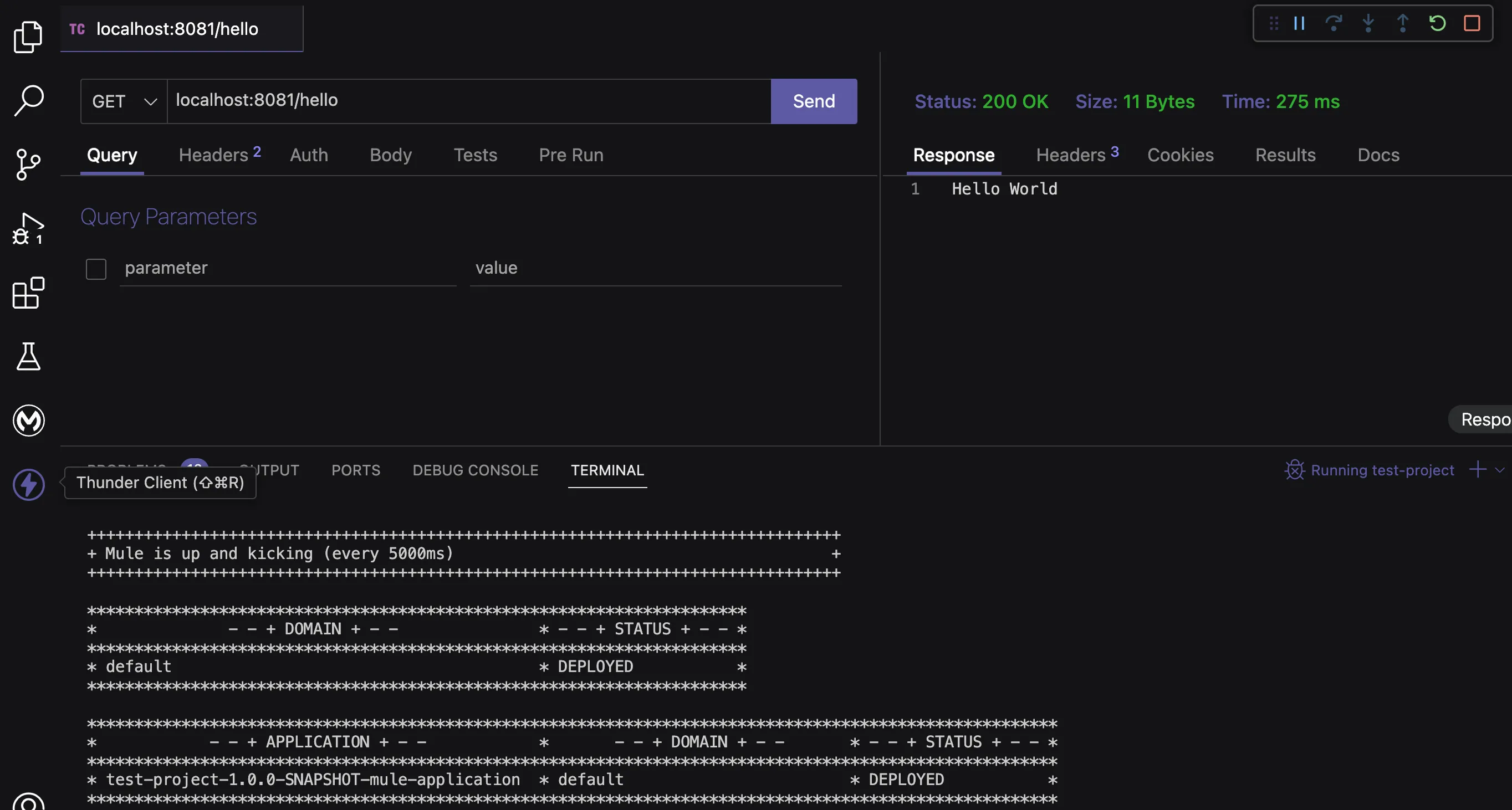 Thunder Client GET to localhost:8081/hello returning 200 OK with a "Hello World" response.