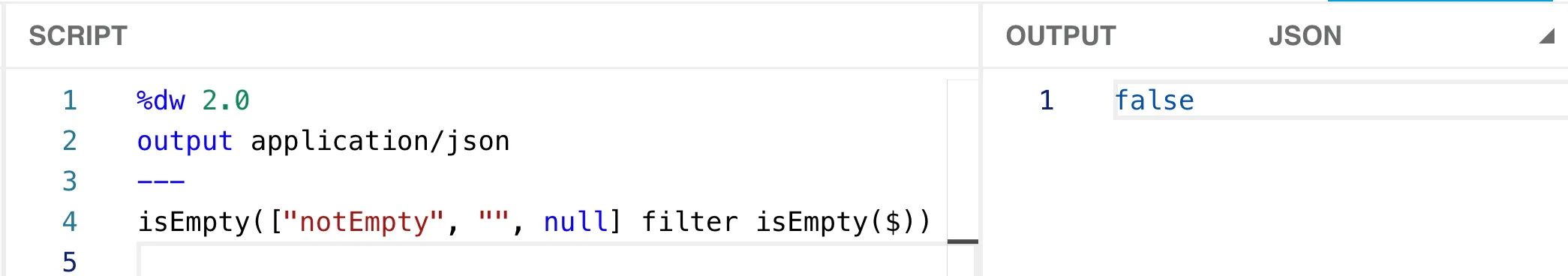 DataWeave Playground wrapping the filtered array in isEmpty, which outputs false.