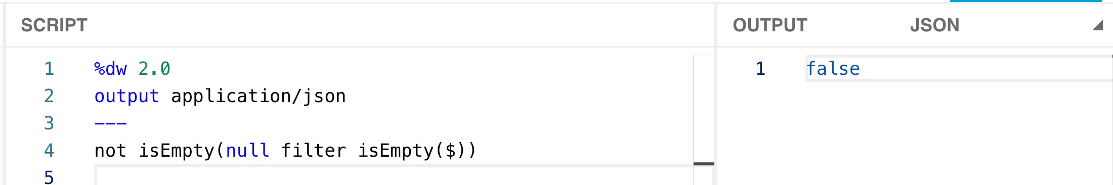 DataWeave Playground running not isEmpty(null filter isEmpty($)) without error, outputting false.