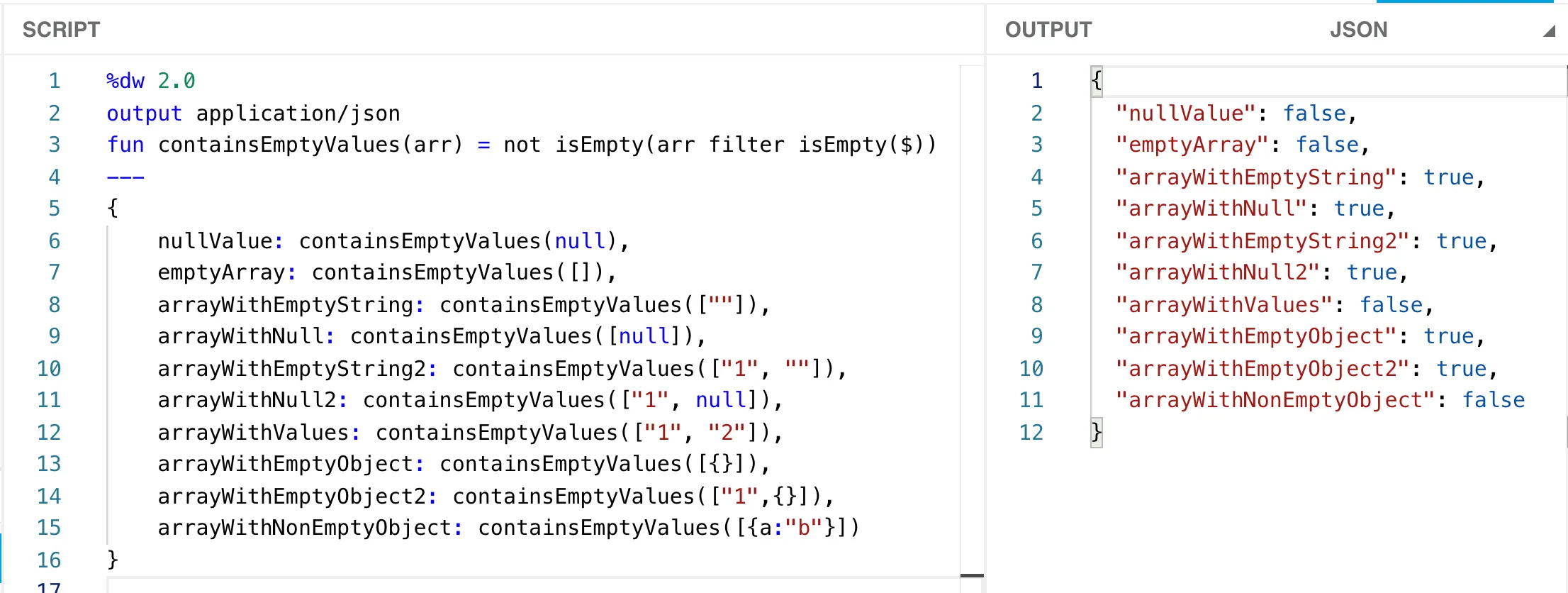 containsEmptyValues function tested against ten cases; nullValue and emptyArray wrongly return false.