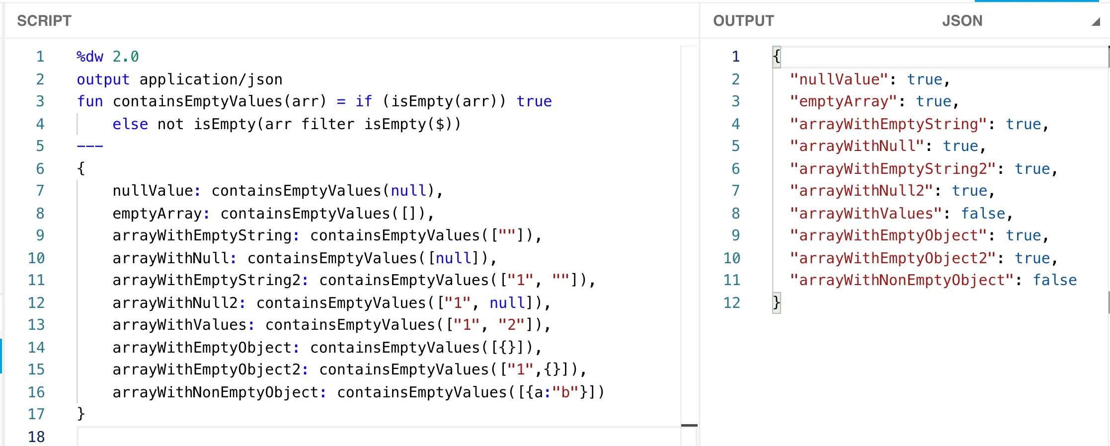 Fixed containsEmptyValues using an if (isEmpty(arr)) guard, now returning true for nullValue and emptyArray.