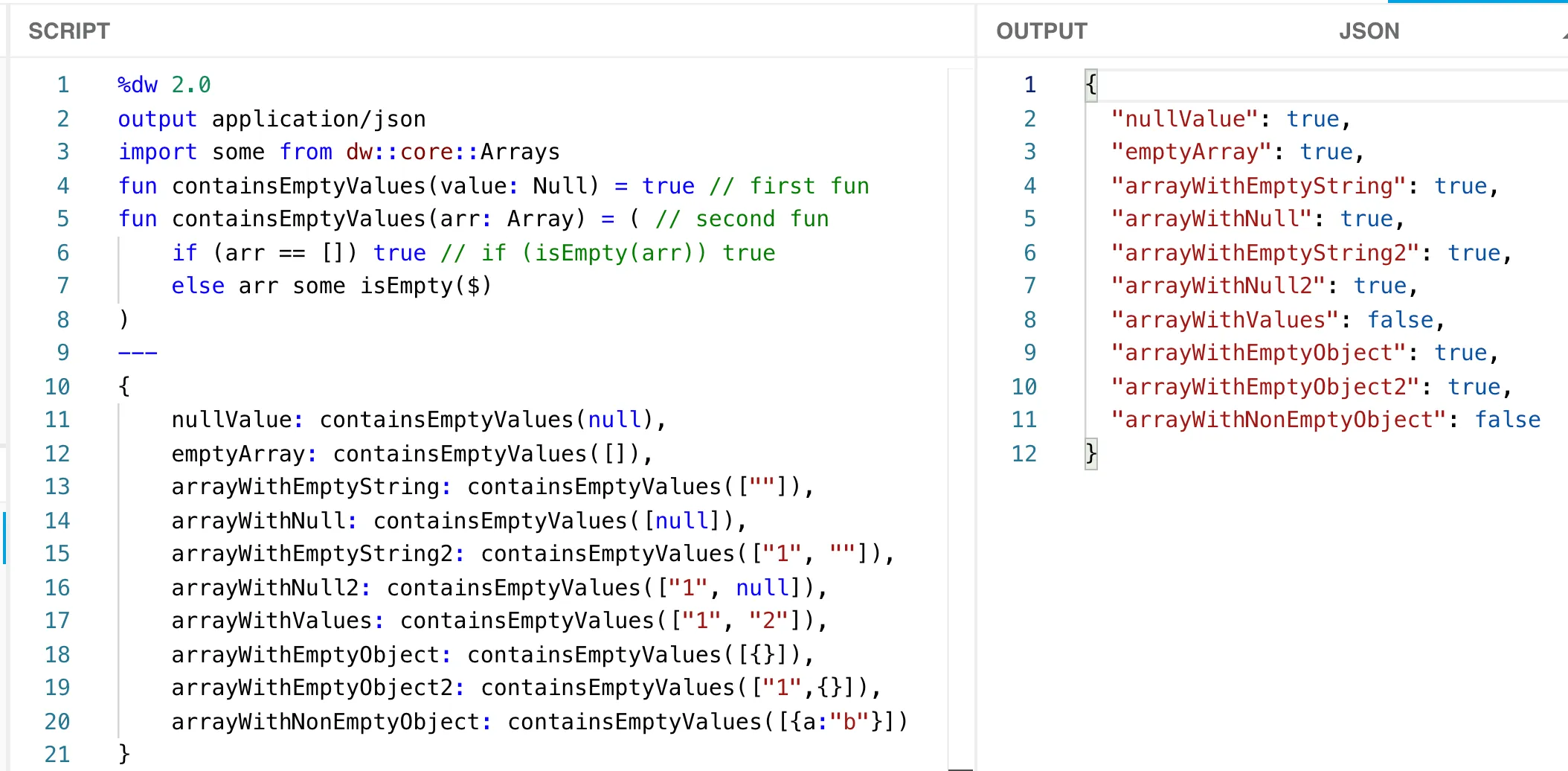 Function-overloading version with separate Null and Array functions, correct ten-case results