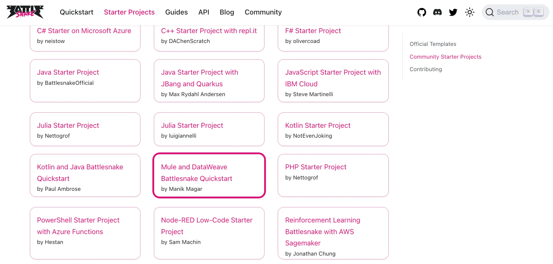 Battlesnake starter projects grid with the Mule and DataWeave Quickstart highlighted