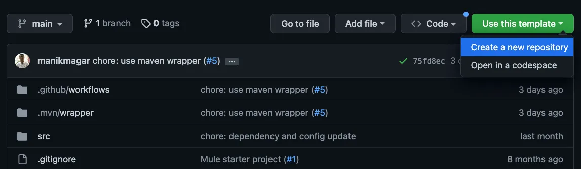 GitHub repo with the Use this template menu open on Create a new repository
