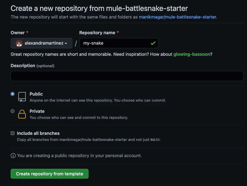 GitHub "Create a new repository from template" form with repo name my-snake
