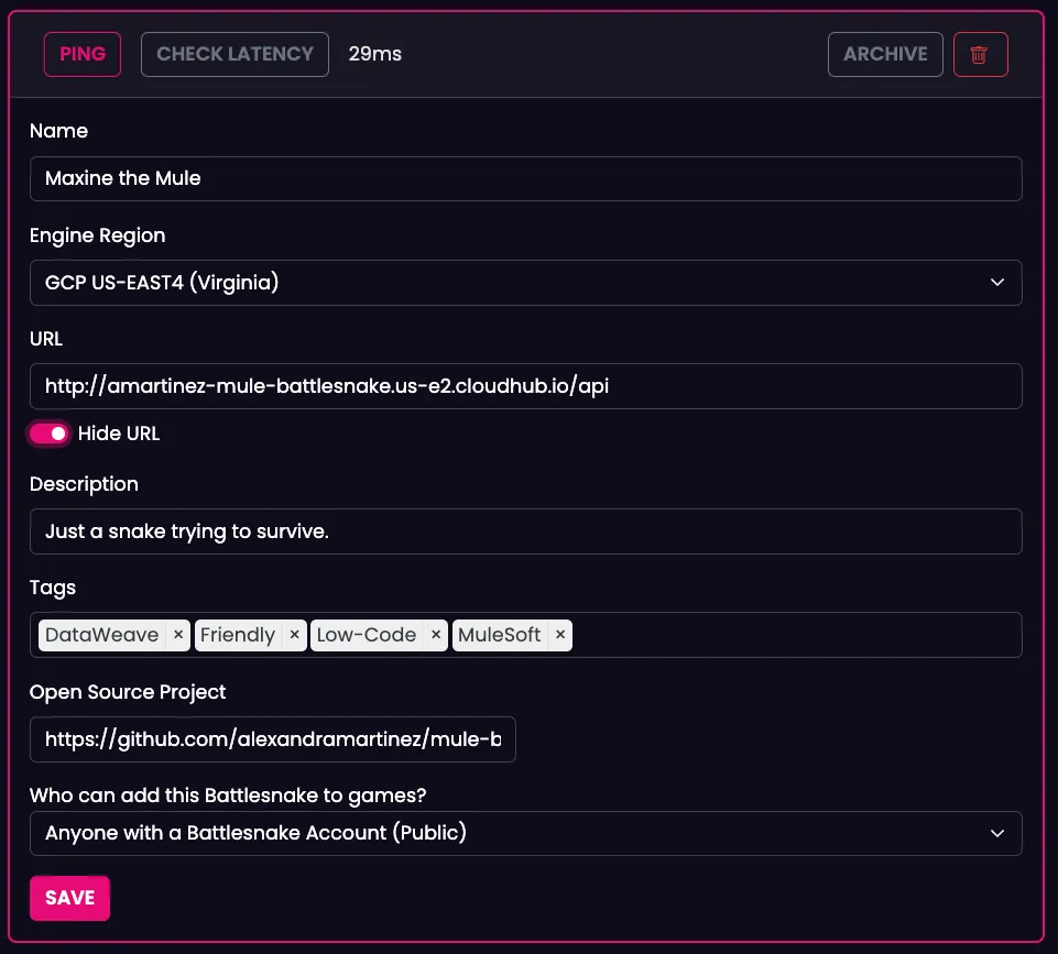Battlesnake settings for "Maxine the Mule" with the CloudHub API URL and tags