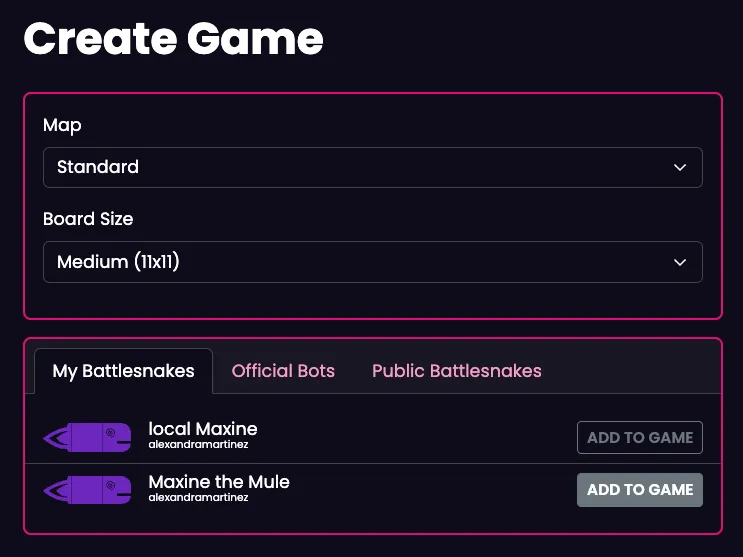Battlesnake Create Game screen with Standard map and My Battlesnakes listed