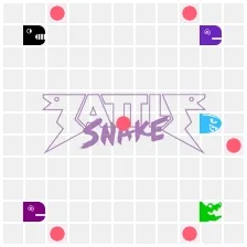 Animated Battlesnake game board with snakes moving toward food pellets