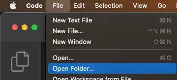 VS Code File menu with Open Folder highlighted