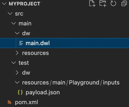 VS Code Explorer tree of the exported project showing main.dwl, payload.json, and pom.xml