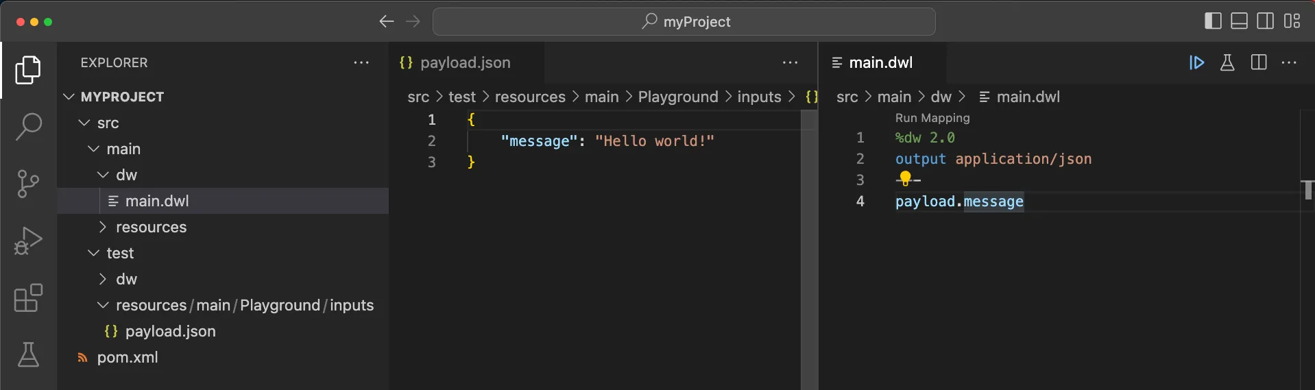 VS Code with payload.json and main.dwl arranged side by side like the Playground layout