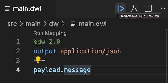 main.dwl editor with the DataWeave Run Preview button highlighted in the toolbar