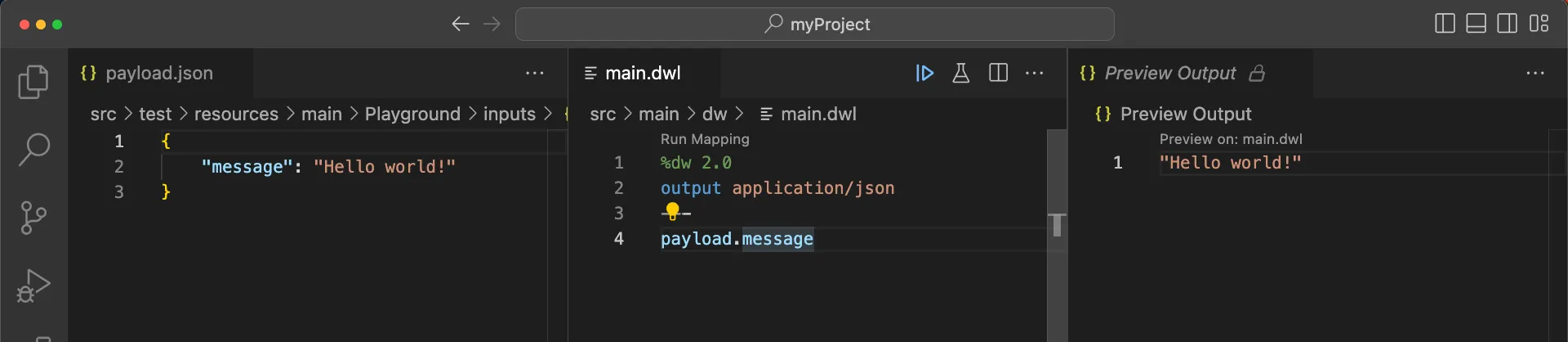 VS Code showing payload, script, and a Preview Output panel rendering "Hello world!"