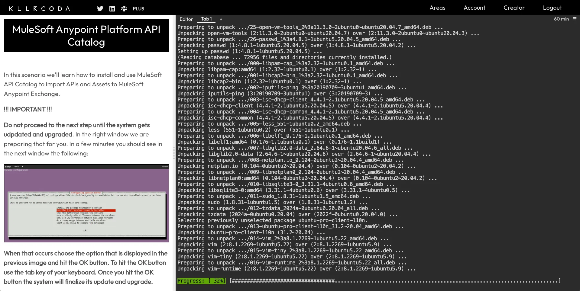 Killercoda scenario with the intro on the left and packages installing in the terminal on the right