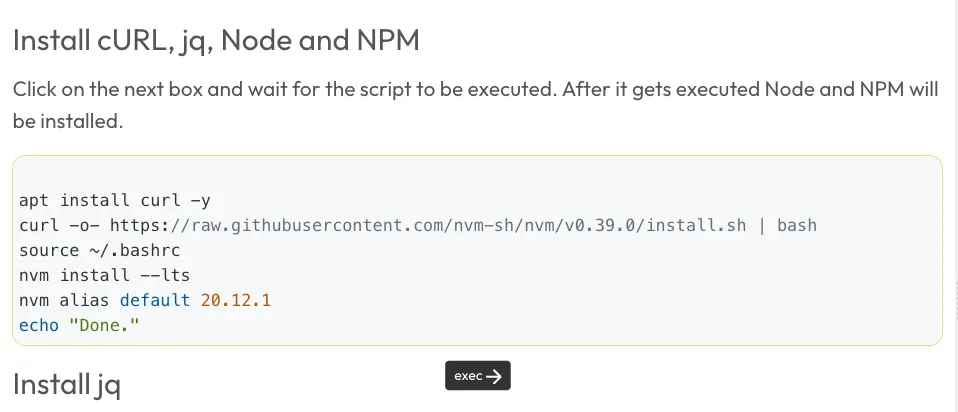 Tutorial step "Install cURL, jq, Node and NPM" with a clickable command block and exec button