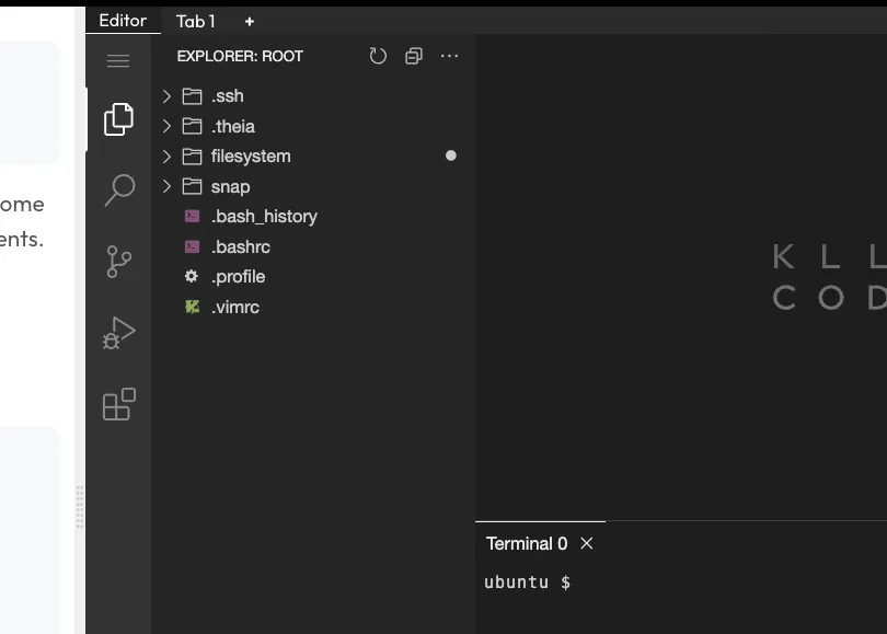 Killercoda Editor tab open showing a VS Code-style file explorer and the Ubuntu terminal