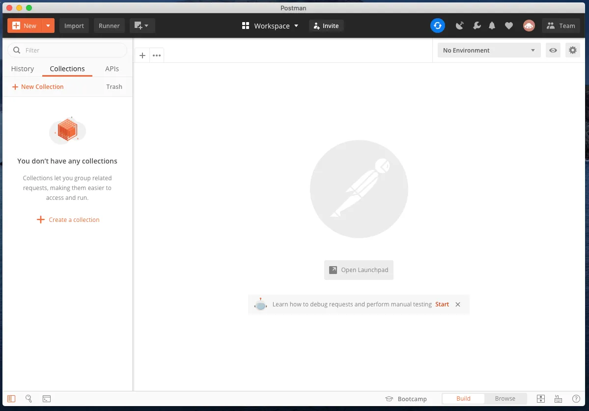 Postman opened on the Collections tab with no collections yet created