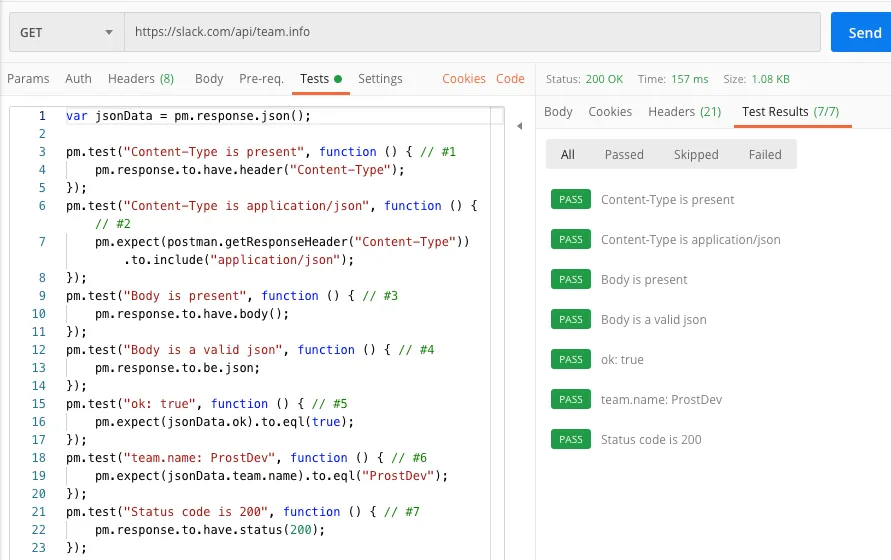 Postman Tests tab with seven test scripts and all 7 passing in the Test Results panel