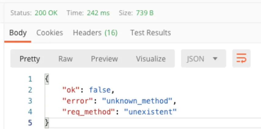Slack response with 200 OK but ok:false and error unknown_method for an invalid method