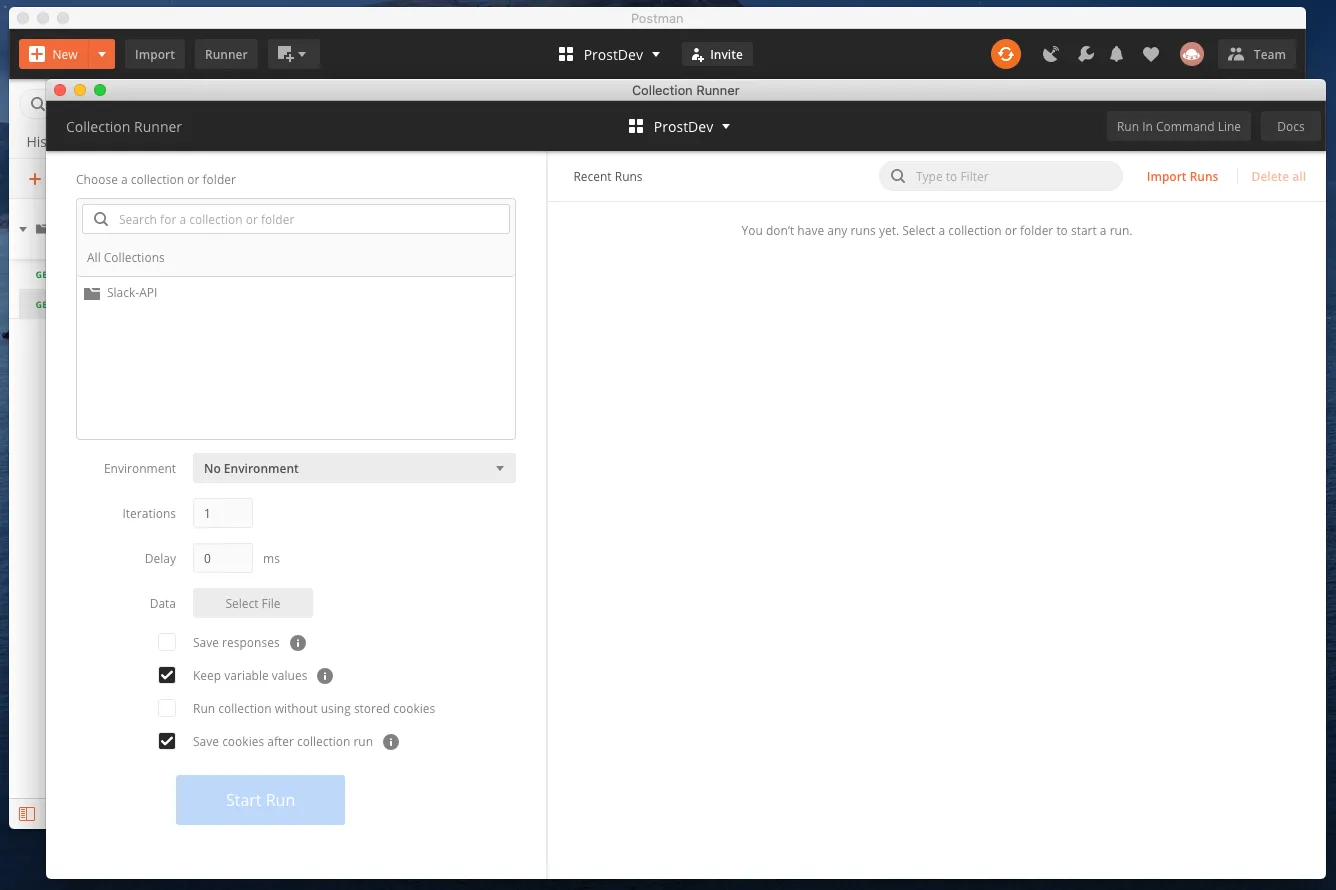 Postman Collection Runner with the Slack-API collection selected before starting a run