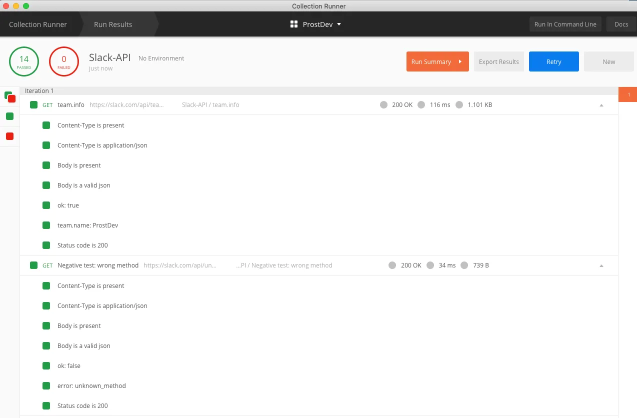 Collection Runner results: 14 passed, 0 failed across the team.info and negative-test requests