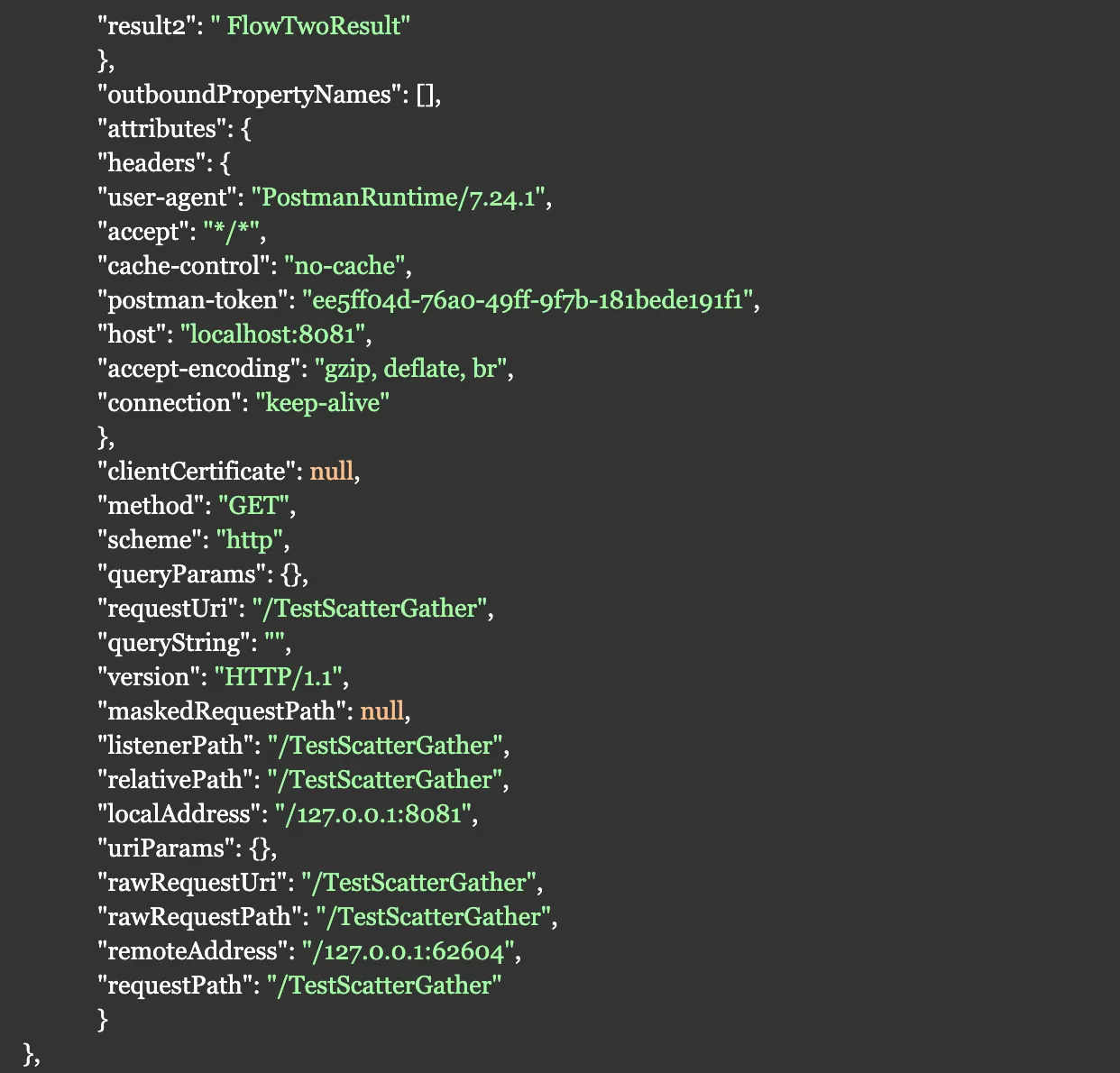 Scatter-Gather output index "1" holding the FlowTwoResult payload plus its HTTP attributes.