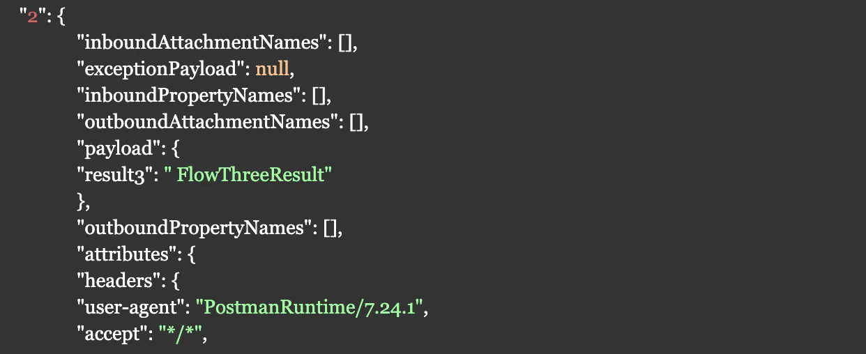 Scatter-Gather output index "2" holding the FlowThreeResult payload plus its HTTP attributes.