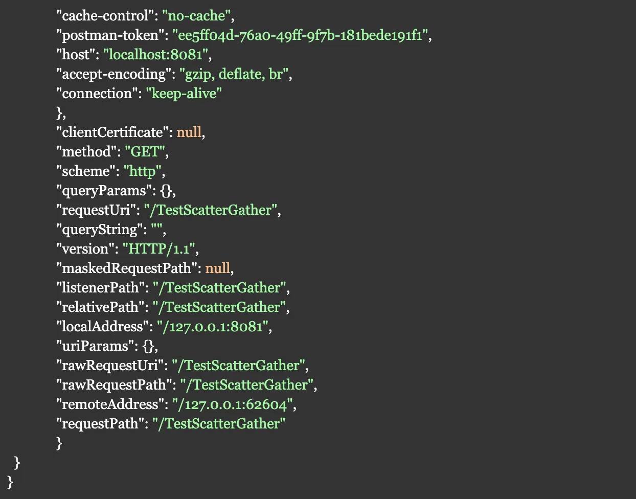 Continuation of the index "2" entry showing its GET method and TestScatterGather request paths.