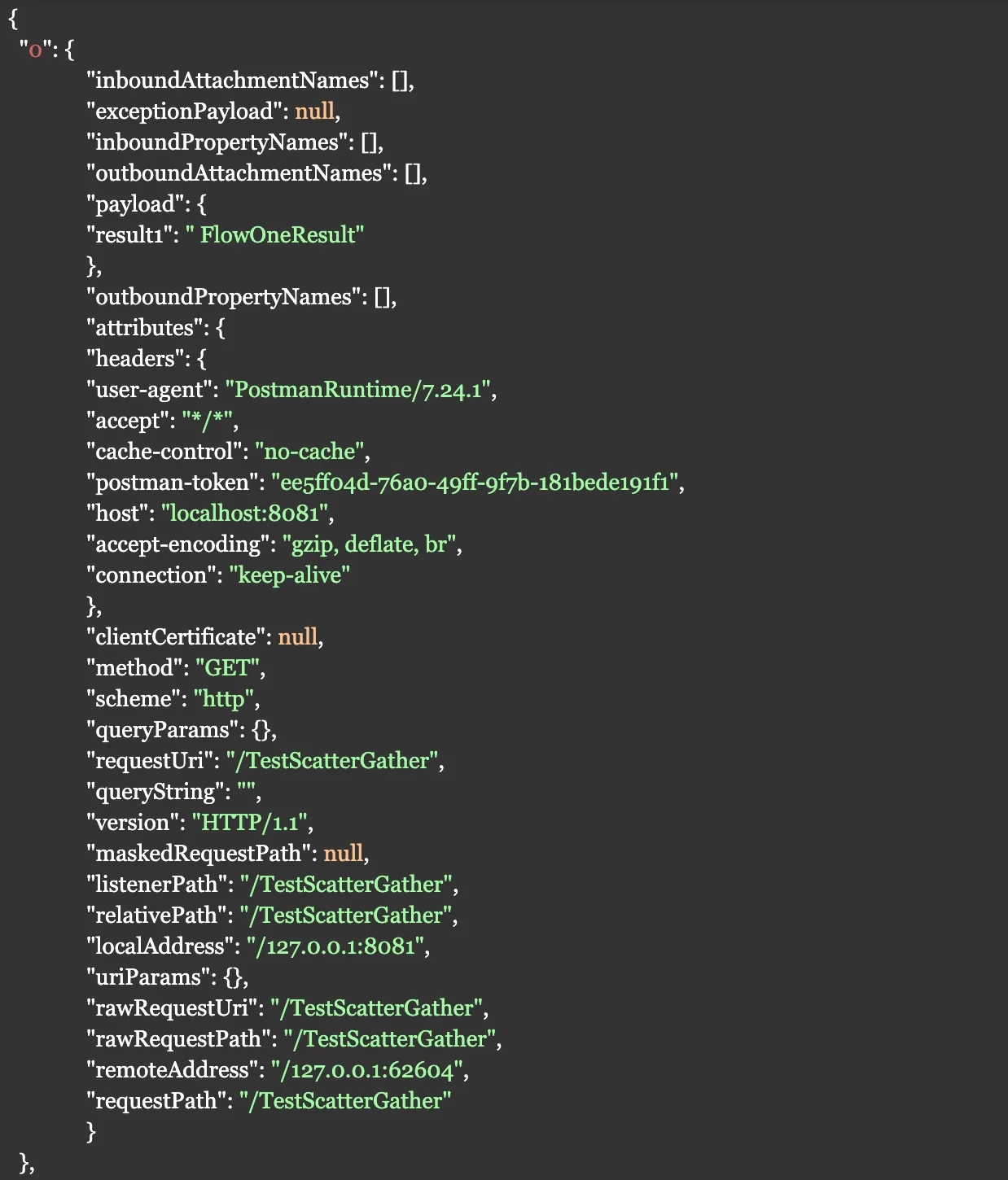 Scatter-Gather output index "0" holding the FlowOneResult payload plus its HTTP attributes.