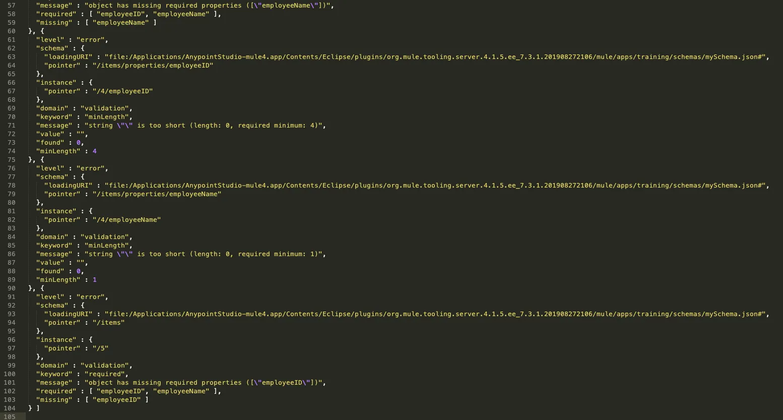 Continued JSON validation error report detailing more per-record schema violations