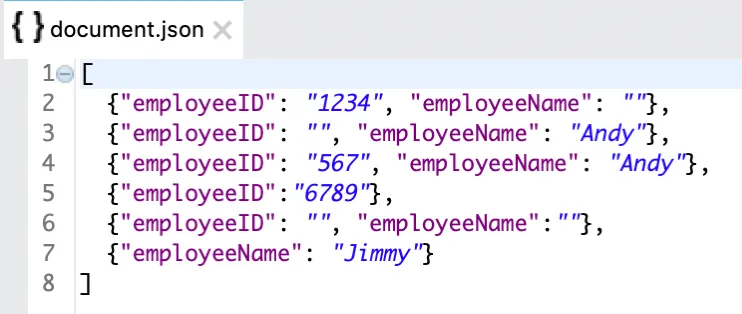 document.json array of employee records with some empty employeeID and employeeName values